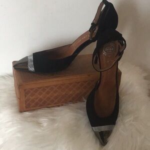 Jeffrey Campbell Koons Silver Cap Toe Mesh Band Ankle Strap Black Stillettos S10